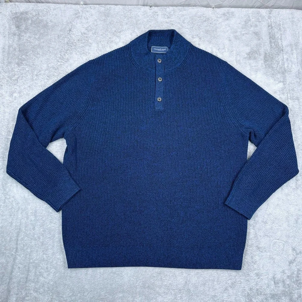 Vineyard Vines Oysterman Merino Wool Sweater Mens 2XL Blue Soft 1/4 Button Knit‎